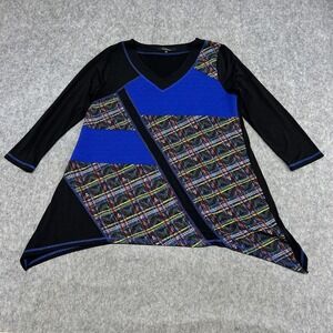 Calessa Tunic Blouse Womens L Black Blue‎ Plaid Asymmetrical Hem Stretch Top